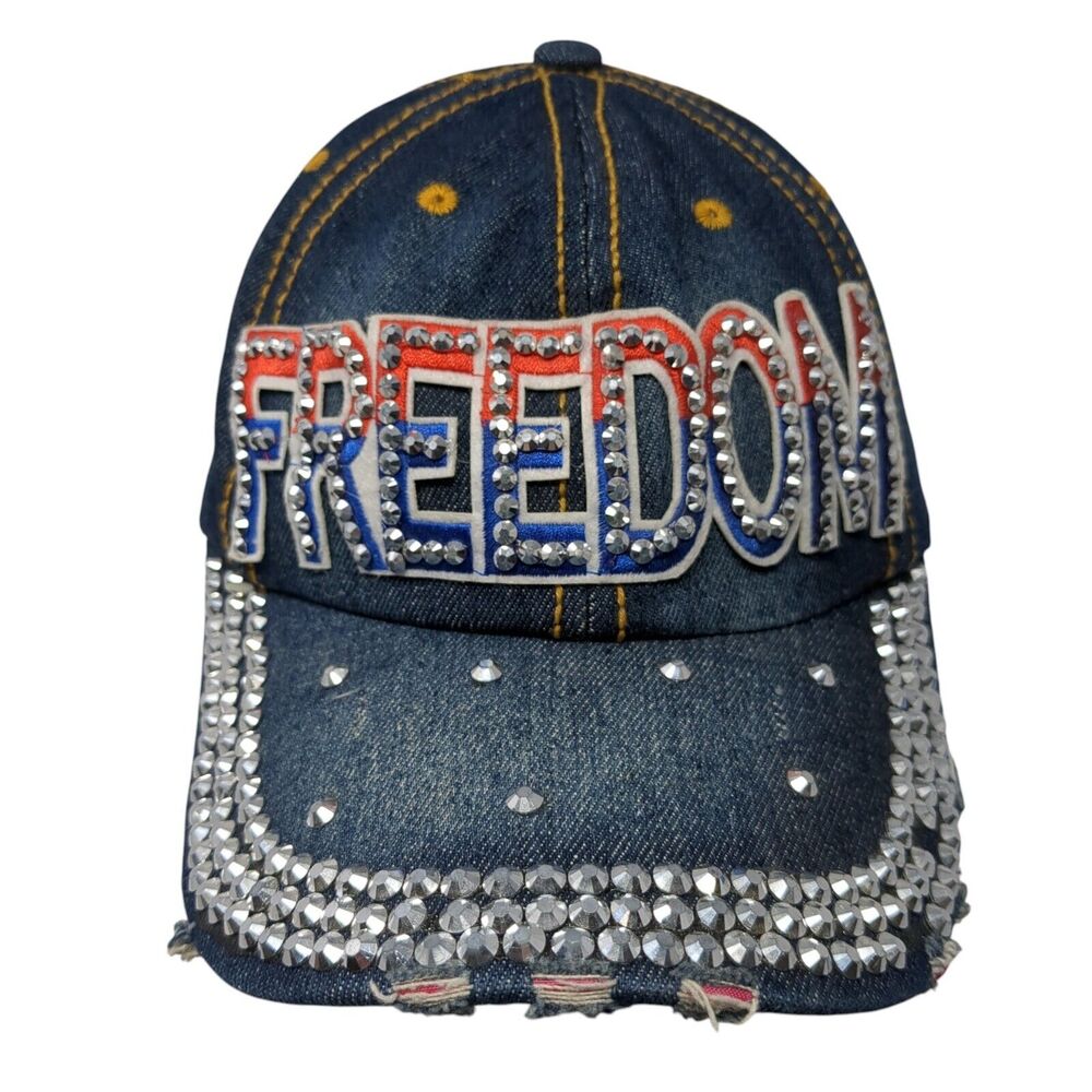 Freedom Rhinestone Bling Slideback Hat Blue One Size Denim Studded